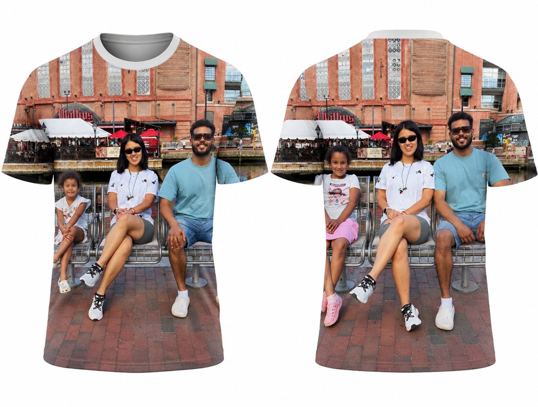 A family photo printed edge to edge on the front and back of a shirt