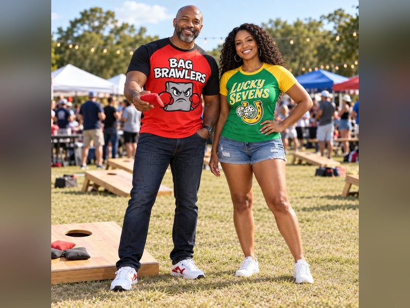Cornhole players in mascot jerseys