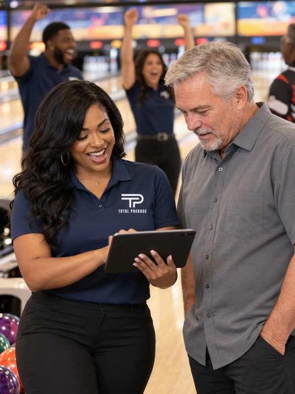 A Total Package rep showing a bowler a design on a tablet