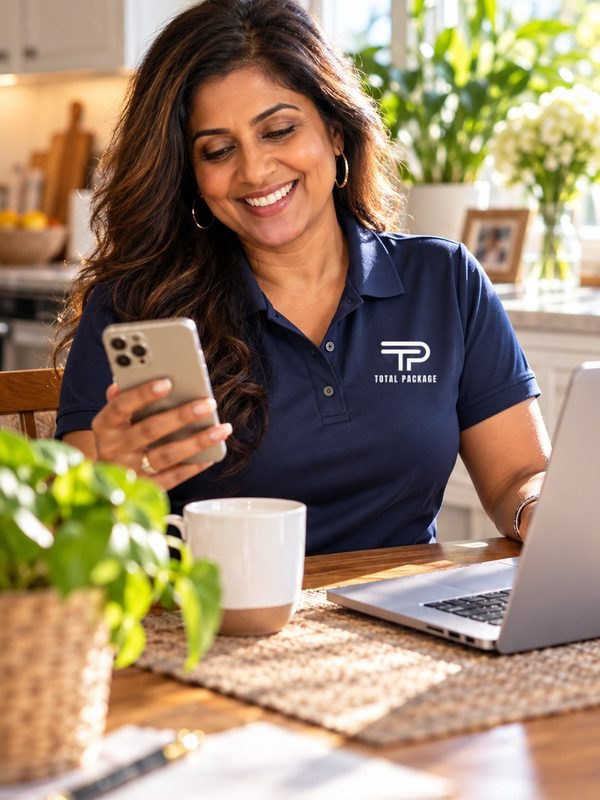 A Total Package rep checking orders from home