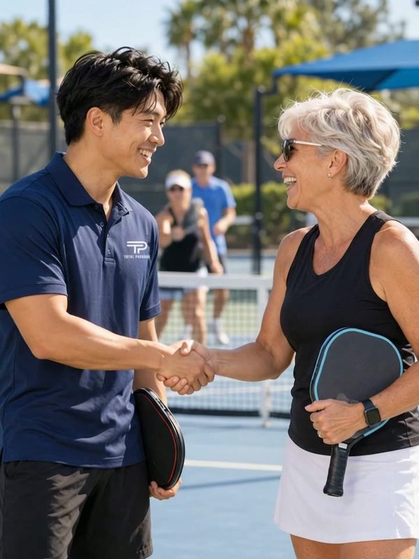 A Total Package rep shaking hands with a pickleball player